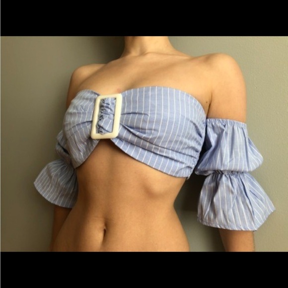 Striped Blue Off-Shoulder Top - Picture 2 of 3